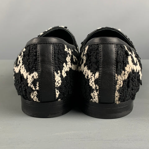 GUCCI Size 11.5 Black White Tweed Monogram Leather Slip On Flats