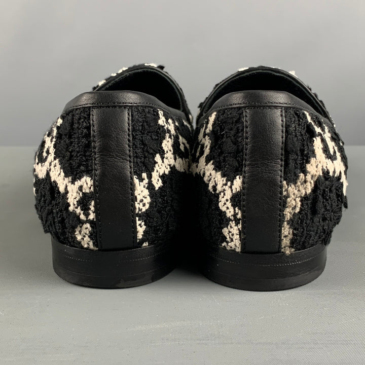 GUCCI Talla 11.5 Zapatos planos sin cordones de cuero con monograma de tweed blanco y negro