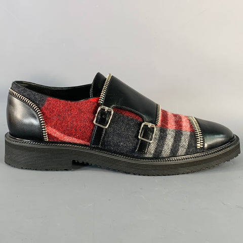 GIUSEPPE ZANOTTI Size 11 Black Red Plaid Leather Monk Strap Loafers Shoes
