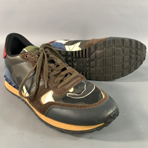 VALENTINO Size 9 Navy Olive Camo Mixed Fabrics Runner Sneakers