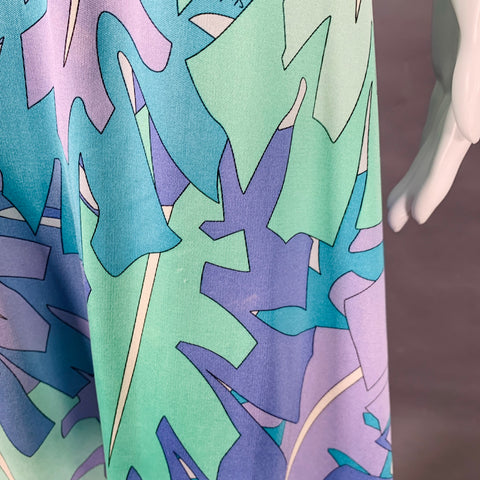 EMILIO PUCCI Size 8 Blue Green Silk Leaves V-Neck Midi Dress