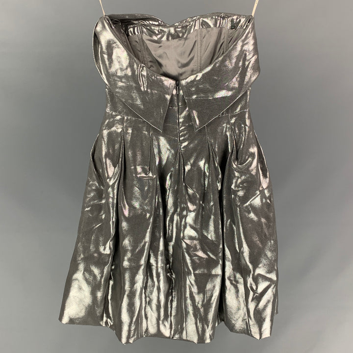 KAREN MILLEN Size 4 Silver Metallic Viscose Blend Strapless Above Knee Dress