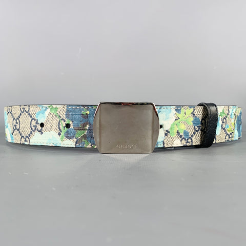 GUCCI Size 34 Blue Grey Floral Canvas Belt