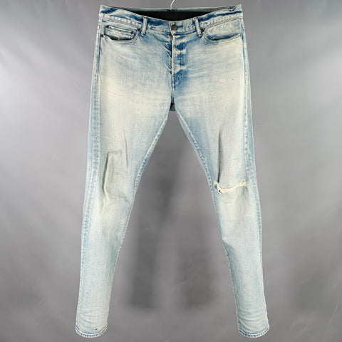 JOHN ELLIOTT Size 34 Blue Distressed Cotton Blend Button Fly Jeans