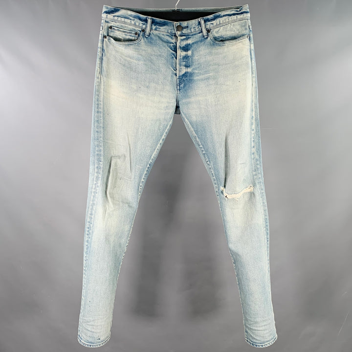 JOHN ELLIOTT Size 34 Blue Distressed Cotton Blend Button Fly Jeans