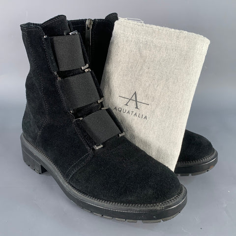 AQUATALIA Size 7.5 Black Suede Elastic Side Zipper Ankle Boots