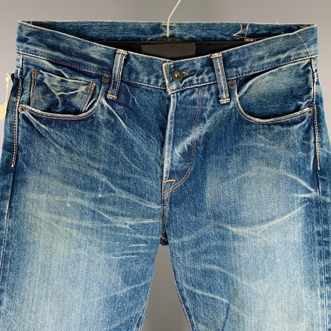 KURO Size 29 Graphite Blue Contrast Stitch Cotton Distressed Selvedge Jeans