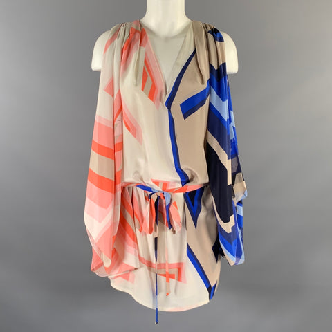 GUCCI  by Tom Ford SS 2009 Size M Blue Peach Silk Geometric V-Neck Mini Tunic Dress