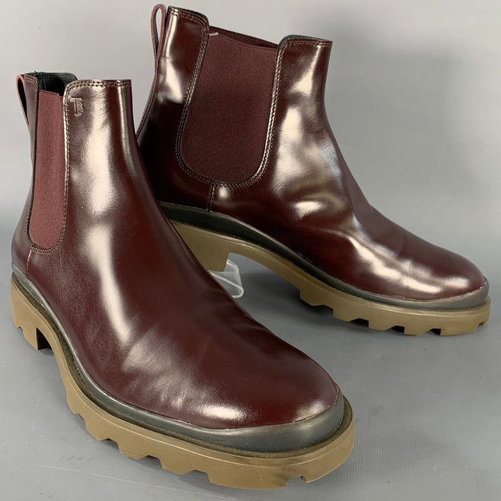 TOD'S Size 8 Burgundy Leather Chelsea Ankle Tread Sole Boots