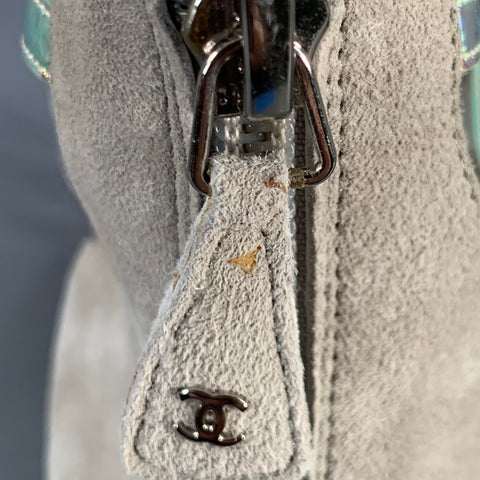 CHANEL Size 9.5 Grey Iridescent Suede Cage Sandals