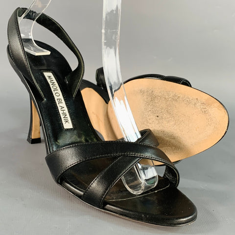 MANOLO BLAHNIK Size 8 Black Leather Strappy Slingback Sandals