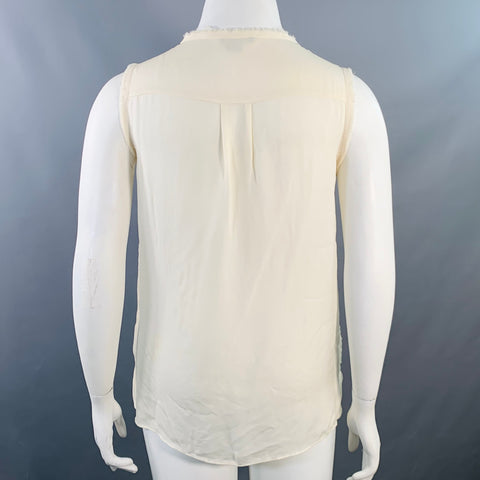 VINCE Size L Cream Nylon Embroidered Geometric Raw Edge Sleeveless Casual Top