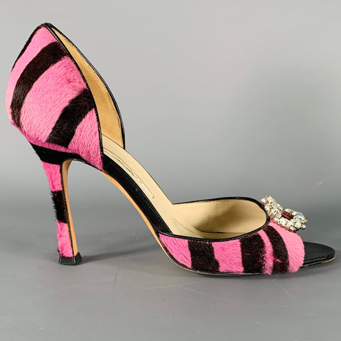 BRIAN ATWOOD Size 7.5 Pink Brown Stripe Calf Hair Peep Toe Heels Pumps