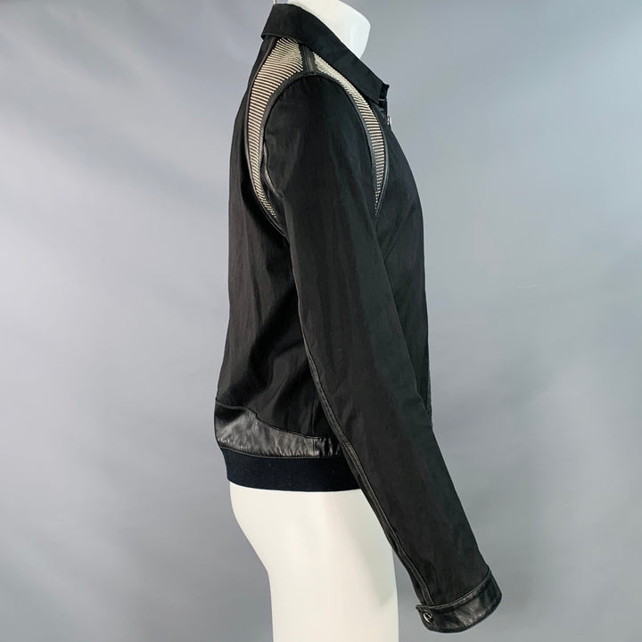 VERSACE Size M Black Silver Studded Cotton Blend Leather Trim Zip Up Jacket