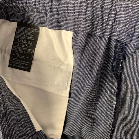 Z ZEGNA Chest Size 48 Navy White Pinstripe Linen Cotton Notch Lapel 38 30 Suit