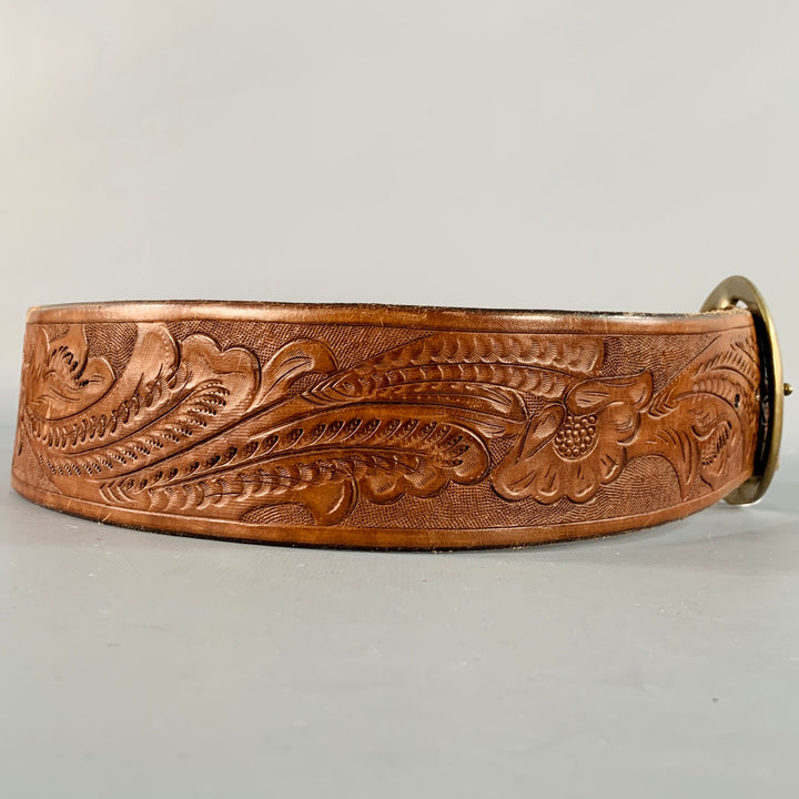 RALPH LAUREN Size M Brown Brass Embossed Leather Belt