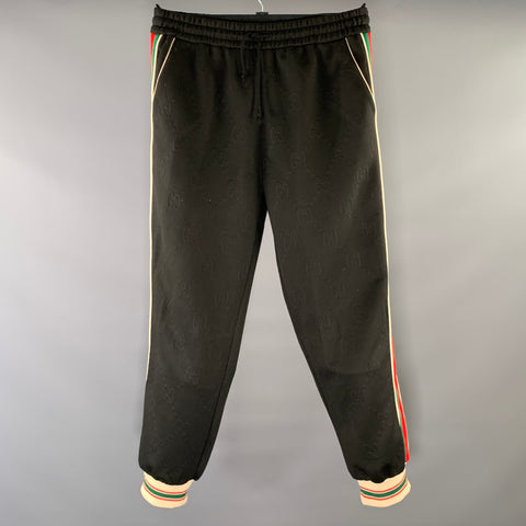 GUCCI Size L Black Monogram Cotton Sweatpants Casual Pants