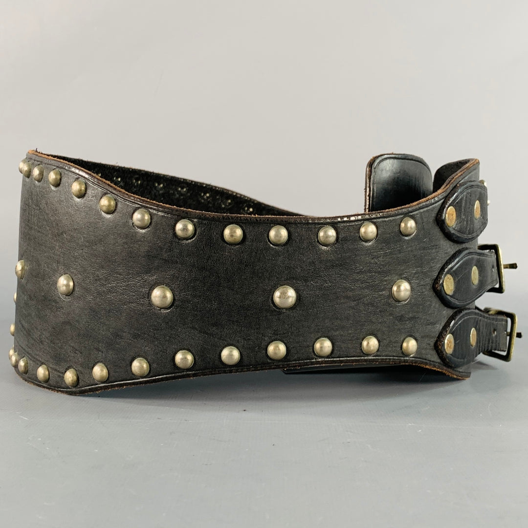 RALPH LAUREN Size S Brown Silver Studded High Waisted Leather Metal 3 Buckle Belt