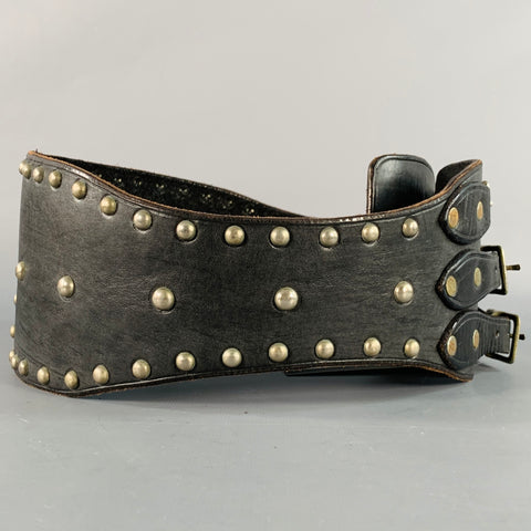RALPH LAUREN Size S Brown Silver Studded High Waisted Leather Metal 3 Buckle Belt