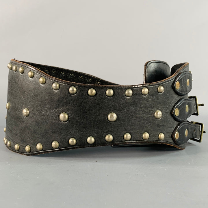 RALPH LAUREN Size S Brown Silver Studded High Waisted Leather Metal 3 Buckle Belt