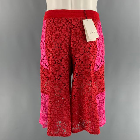GUCCI Size XS Red Pink Floral Viscose Lace Up Shorts