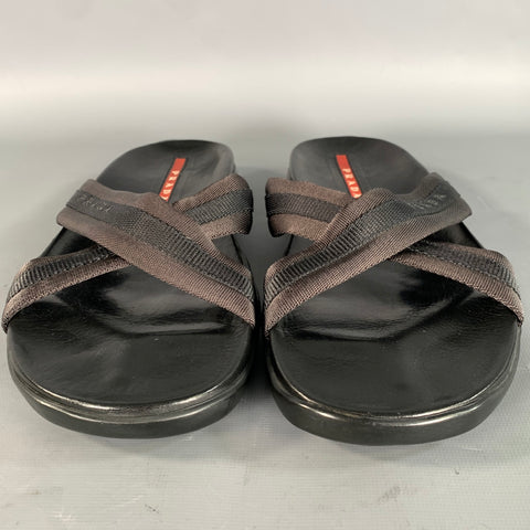 PRADA Size 10 Black Mixed Fabrics Leather Canvas Flip flops Sandals