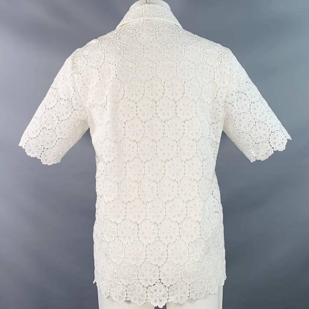 VALENTINO 2021 Size M White Lace Cotton Blend Hidden Placket Short Sleeve Shirt