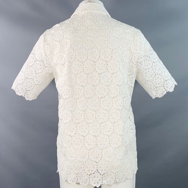 VALENTINO 2021 Size M White Lace Cotton Blend Hidden Placket Short Sleeve Shirt