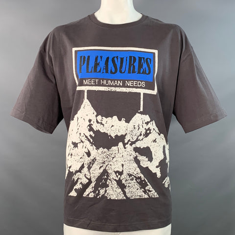 T-shirt PLEASURES Col rond en coton, taille XXL, gris anthracite, bleu et blanc à motif