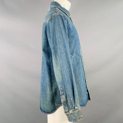HELMUT LANG Size M Indigo Painter Blue Paint Splatter Cotton Denim One Pocket Long Sleeve Shirt