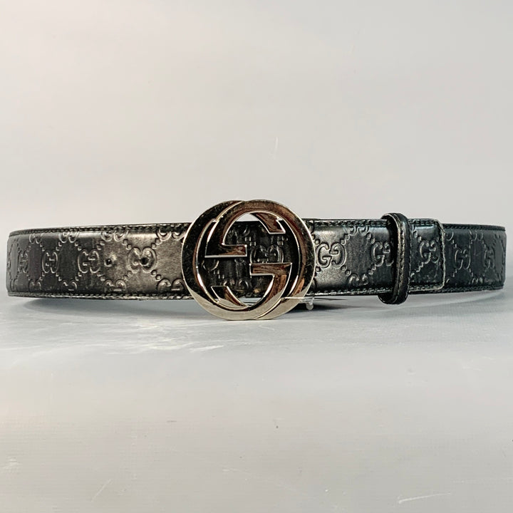 GUCCI Size 38 Guccissima Black Monogram Leather GG Buckle Belt