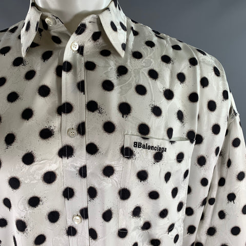 BALENCIAGA Size S White Black Polka Dot Viscose Silk Long Sleeve Shirt