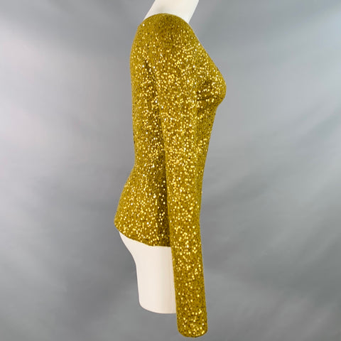 DONNA KARAN Size S Gold Olive Cashmere Silk Sequined V-Neck Long Sleeve Pullover