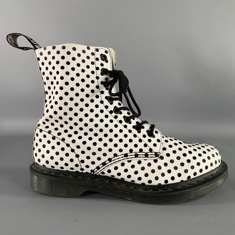 DR. MARTENS Size 9 White Black Leather Polka Dot Lace-Up Boots