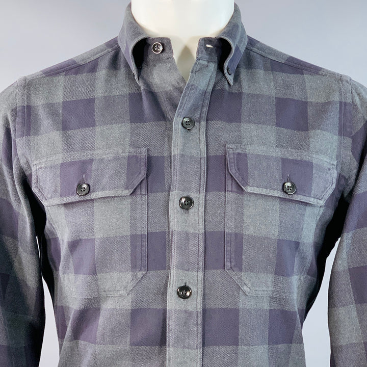 TOM FORD Size S Navy Grey Checkered Cotton Button Down Collar Long Sleeve Shirt