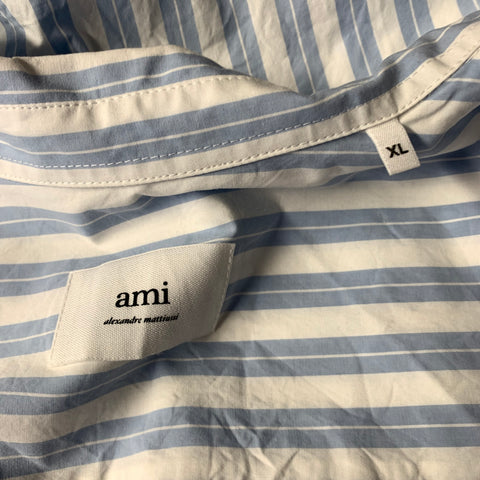 AMI Size L White Blue Stripe Cotton Button Up Short Sleeve Shirt