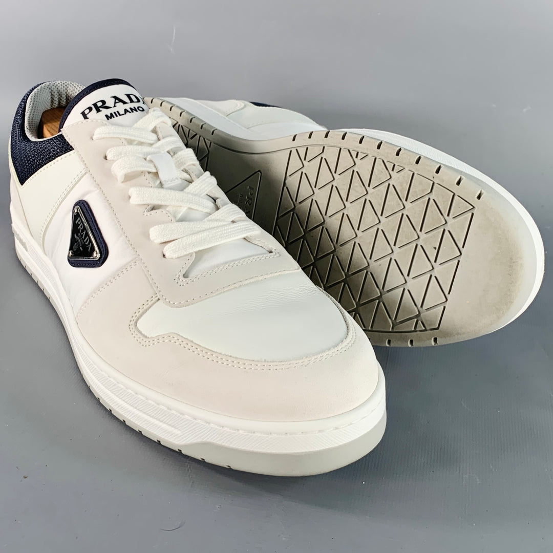 PRADA Size 11 White Navy Color Block Logo Leather Nylon Mesh Sneakers