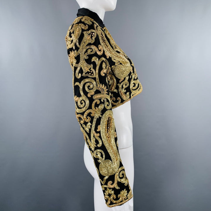 GENNY Size 8 Black Gold Taffeta Embroidered Bolero Jacket