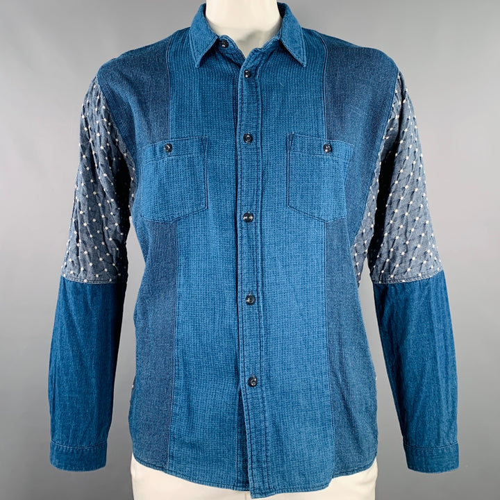 FDMTL Size XL Indigo Mixed Fabrics Cotton Patch Pockets Long Sleeve Shirt