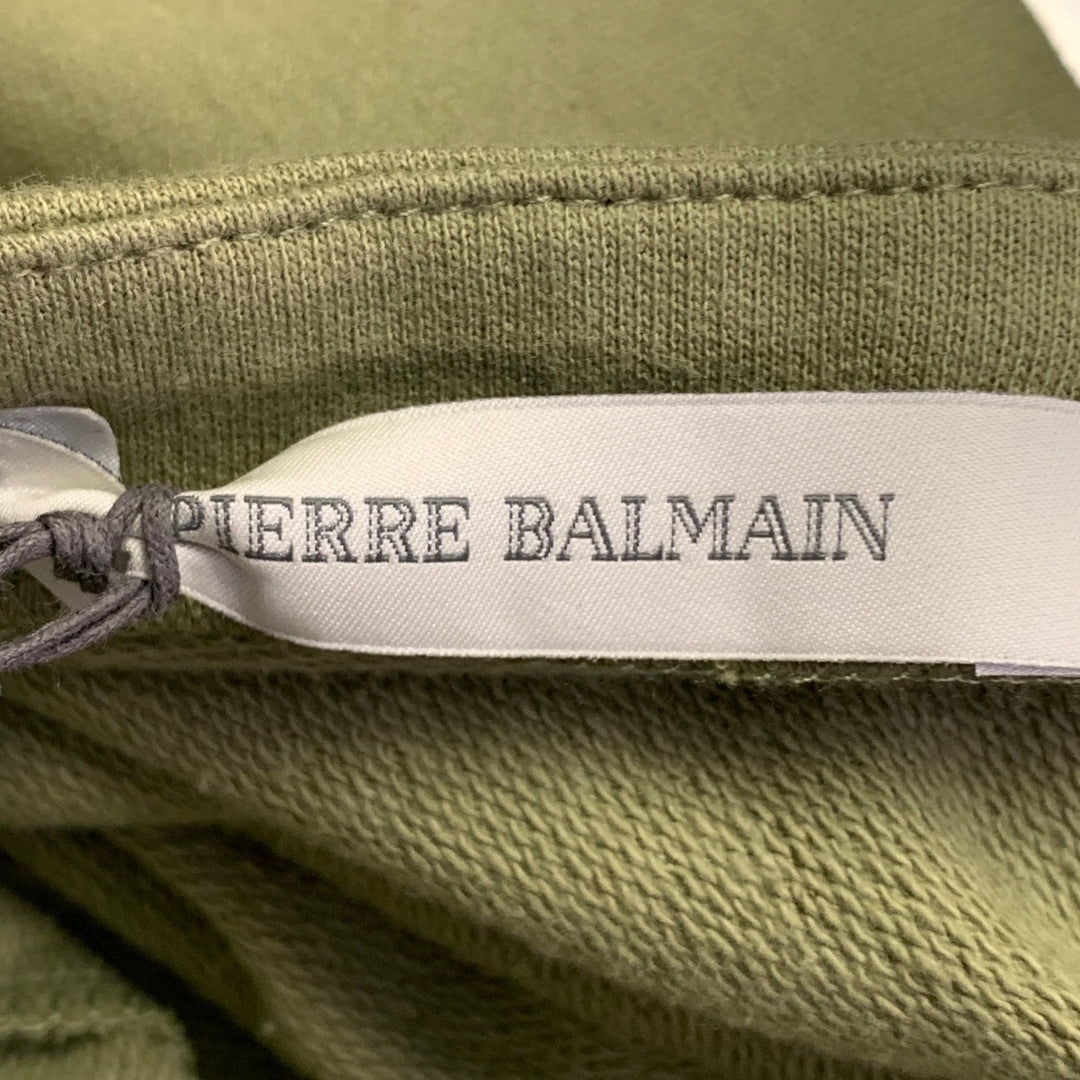 BALMAIN Size L Green Sage Cotton Blend Jersey Logo Crew Neck Pullover
