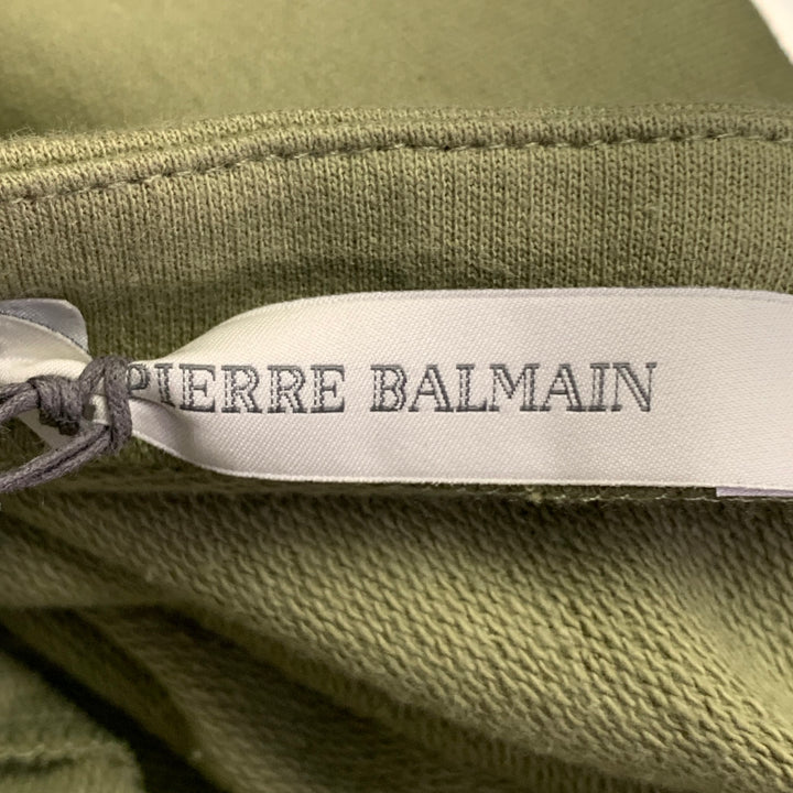 BALMAIN Size L Green Sage Cotton Blend Jersey Logo Crew Neck Pullover
