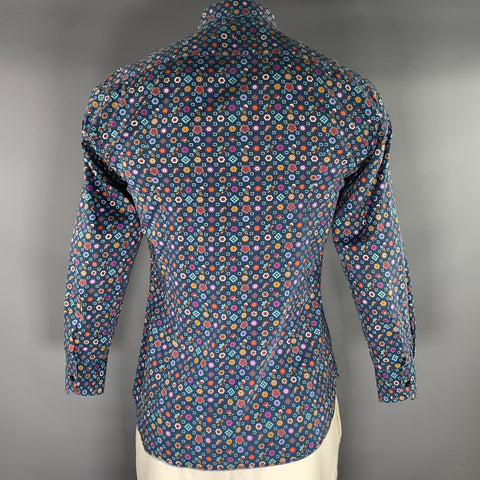 ETRO Size L Navy Multi Color Print Cotton Button Up Long Sleeve Shirt