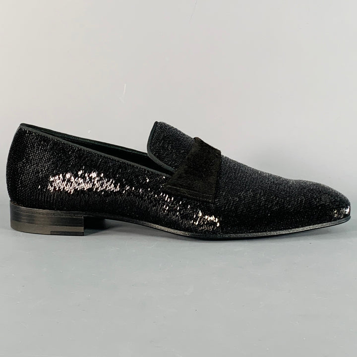 PAUL STUART Size 8.5 Black Sequined Velvet Slip On Loafers