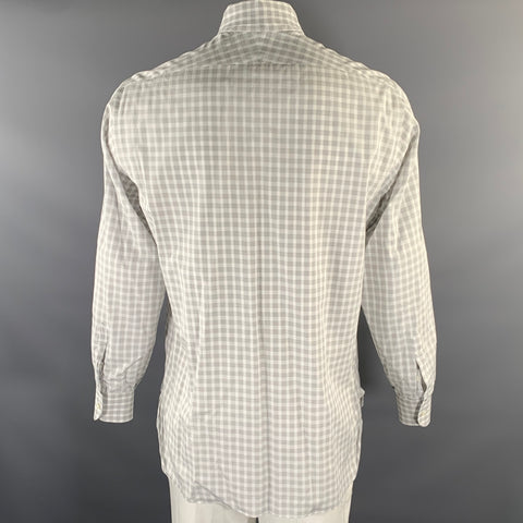 LORENZINI Size XL White Grey Gingham Cotton Button Down Long Sleeve Shirt