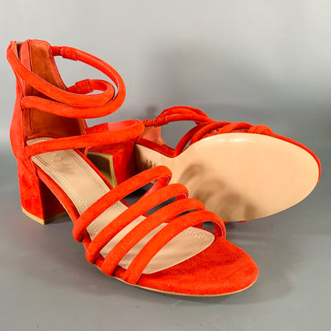 SANDRO Size 10 Tessa Red Suede Caged Chunky Heel Sandals