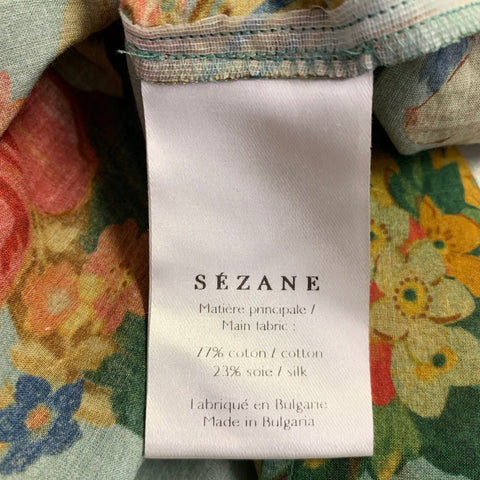 SEZANE Size 4 Green Multi Color Cotton Silk Floral Long Sleeve Blouse
