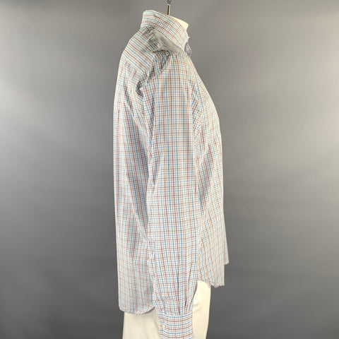LORO PIANA Size XL White Purple Blue Plaid Cotton Long Sleeve Shirt