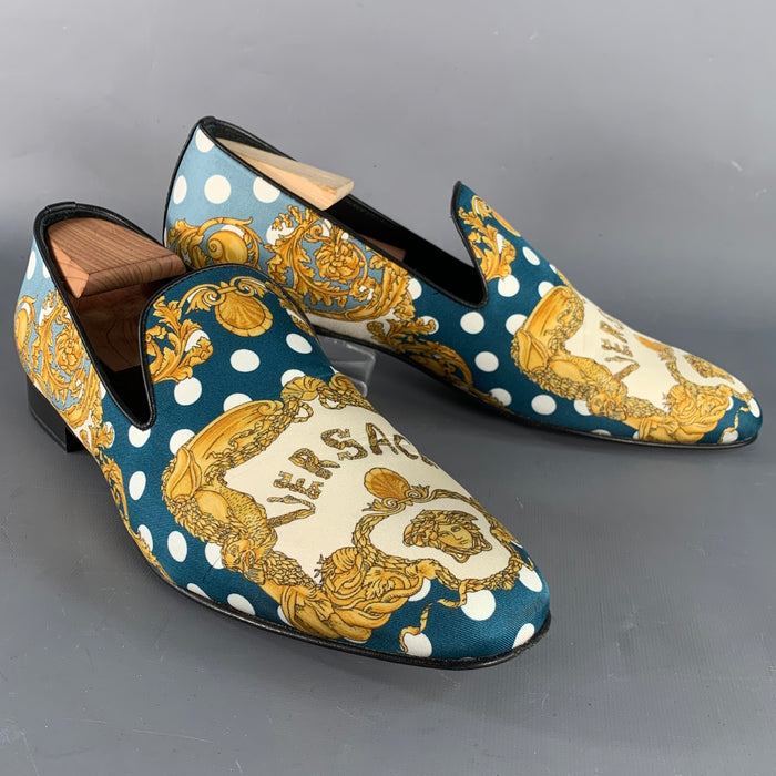 VERSACE Size 11 Green Gold Twill Baroque Slip On Loafers