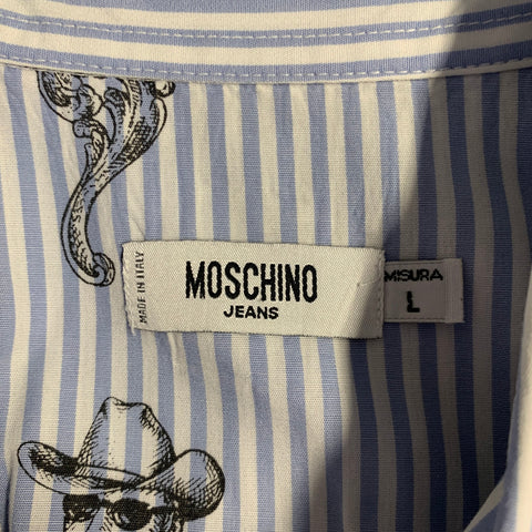MOSCHINO JEANS Size L Blue Black White Stripe Cotton Long Sleeve Shirt