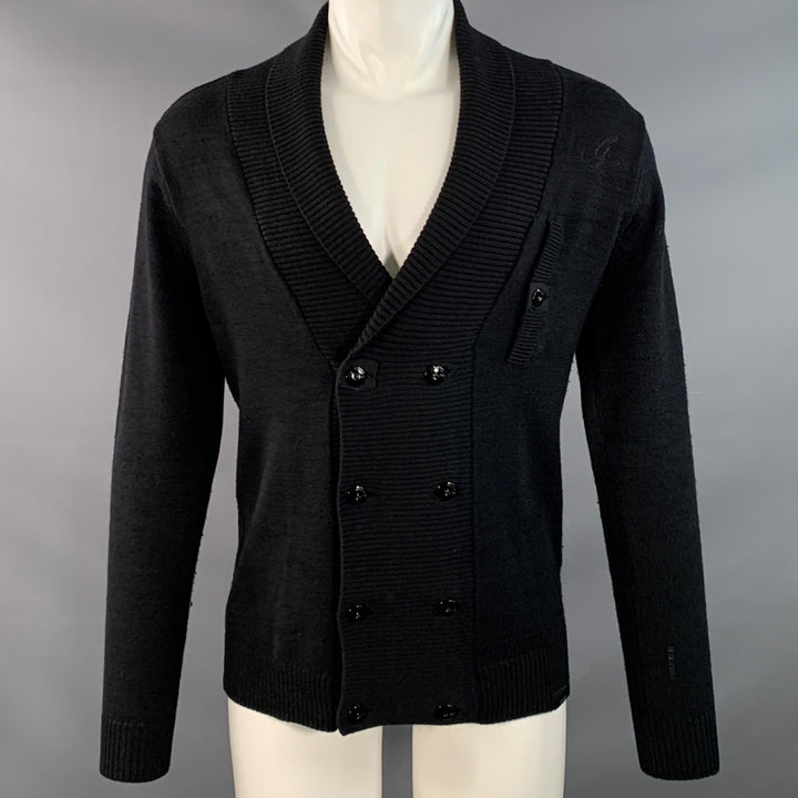 G-STAR Size M Black Cotton Wool Blend Knit Double Breasted Buttoned Cardigan